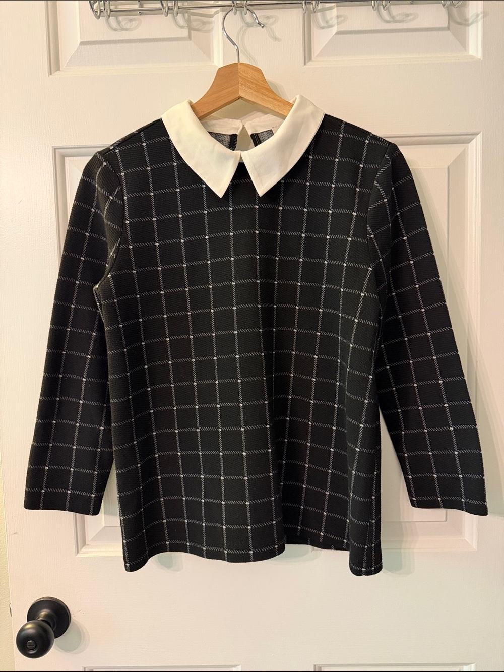 LOFT Black Windowpane Plaid Top with White Peter Pan Collar